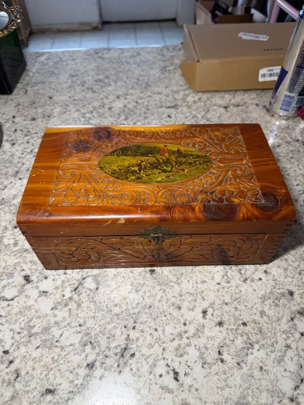 Vintage Hand Carved Wooden Jewelry Box with Decoupage Scene and Mirror